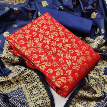  Red Banarasi silk Unstitched dress material 1