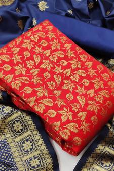  Red Banarasi silk Unstitched dress material