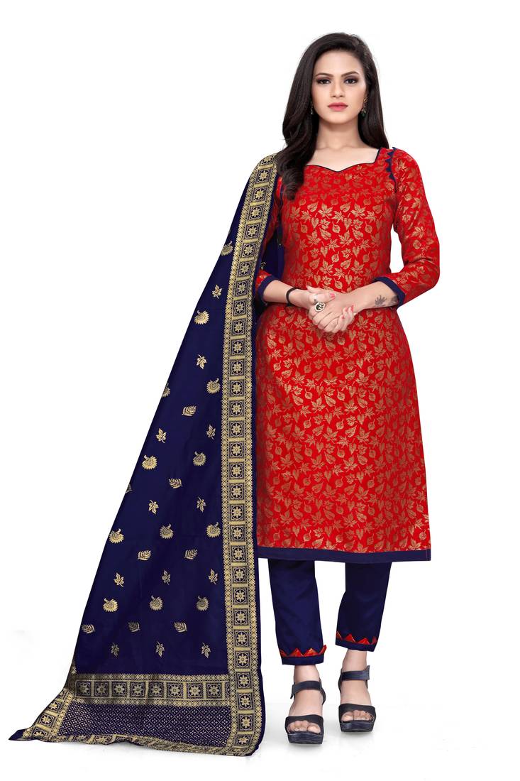  Red Banarasi silk Unstitched dress material