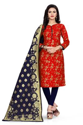  Red Banarasi silk Unstitched dress material 1