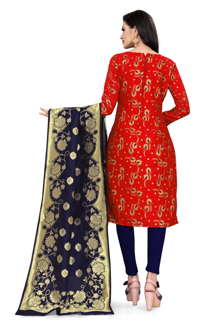  Red Banarasi silk Unstitched dress material