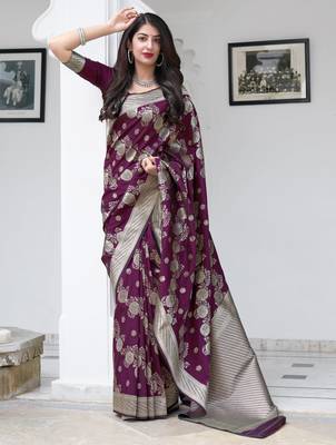 Purple woven silk blend  saree with blouse 1