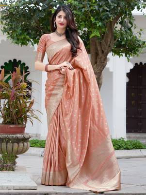 Peach woven silk blend  saree with blouse 1