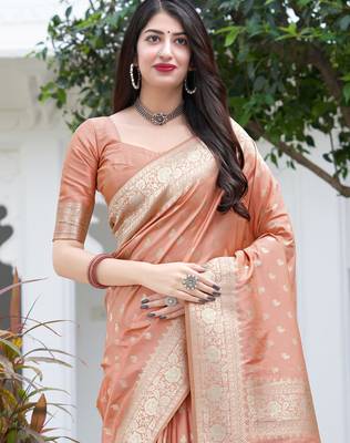 Peach woven silk blend  saree with blouse 2