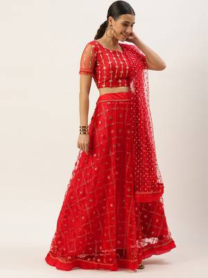 Red Embellished Net Sequinned Ready to Wear Lehenga & Blouse With Dupatta 2