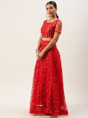 Red Embellished Net Sequinned Ready to Wear Lehenga & Blouse With Dupatta 3