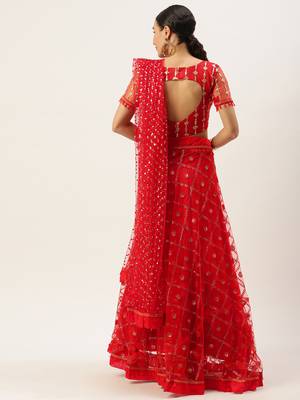 Red Embellished Net Sequinned Ready to Wear Lehenga & Blouse With Dupatta 4