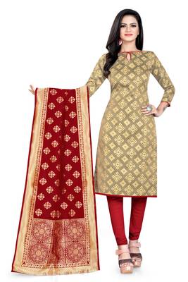  Beige Banarasi silk Unstitched dress material 2
