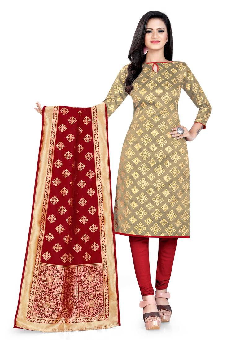  Beige Banarasi silk Unstitched dress material