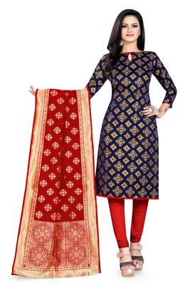  Blue Banarasi silk Unstitched dress material 2