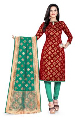 Maroon Banarasi silk Unstitched dress material 2