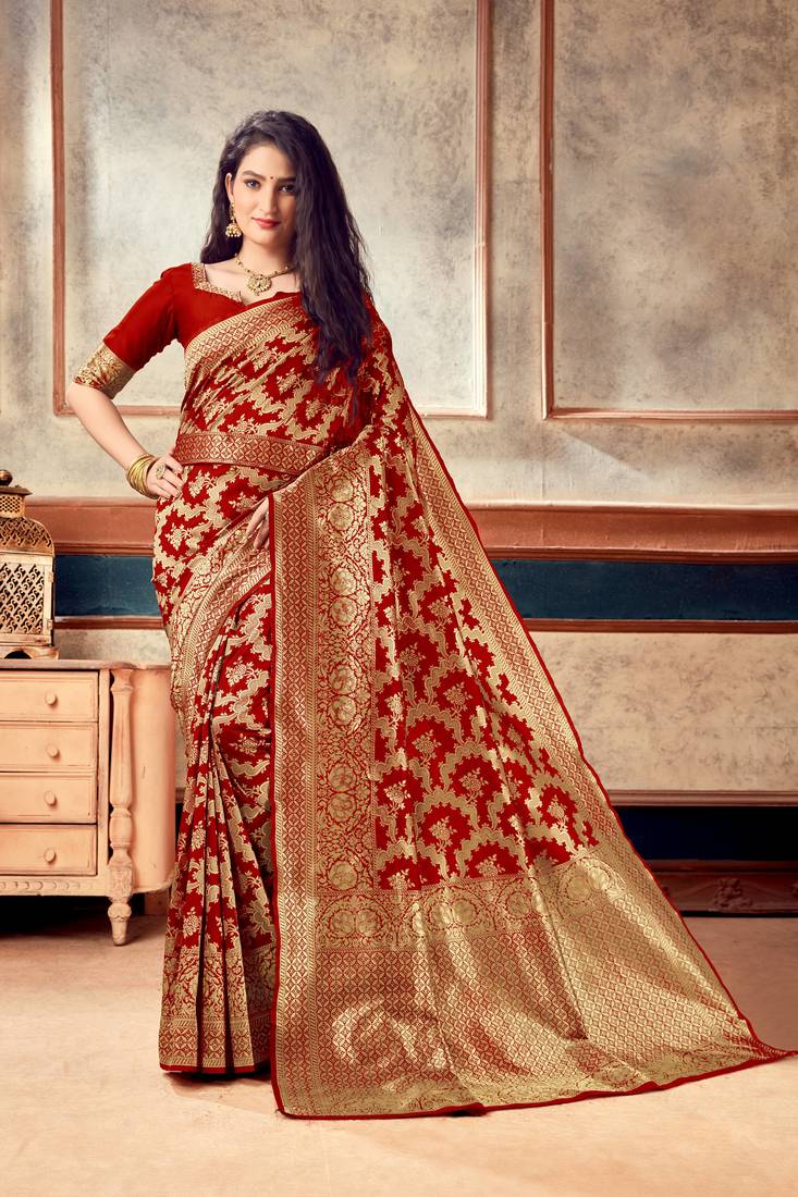 Red Woven Art Silk Saree With Blouse With Belt