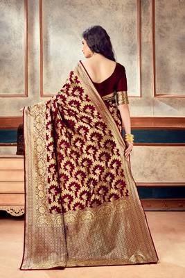 Maroon woven art silk saree with blouse with belt 2