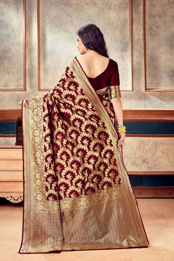 Maroon woven art silk saree with blouse with belt