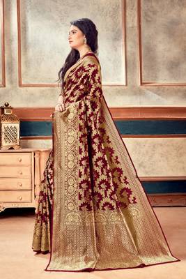 Maroon woven art silk saree with blouse with belt 3