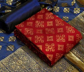  Red-blue Banarasi silk Unstitched dress material 1