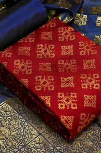 Red-blue Banarasi silk Unstitched dress material