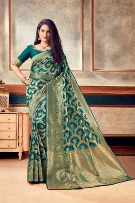 Rama woven art silk saree with blouse with belt 4