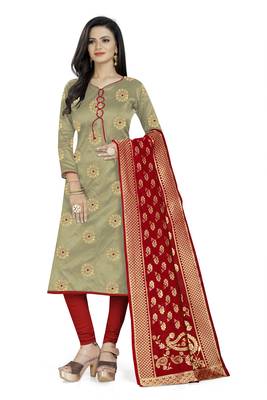  Beige Banarasi silk Unstitched dress material 2