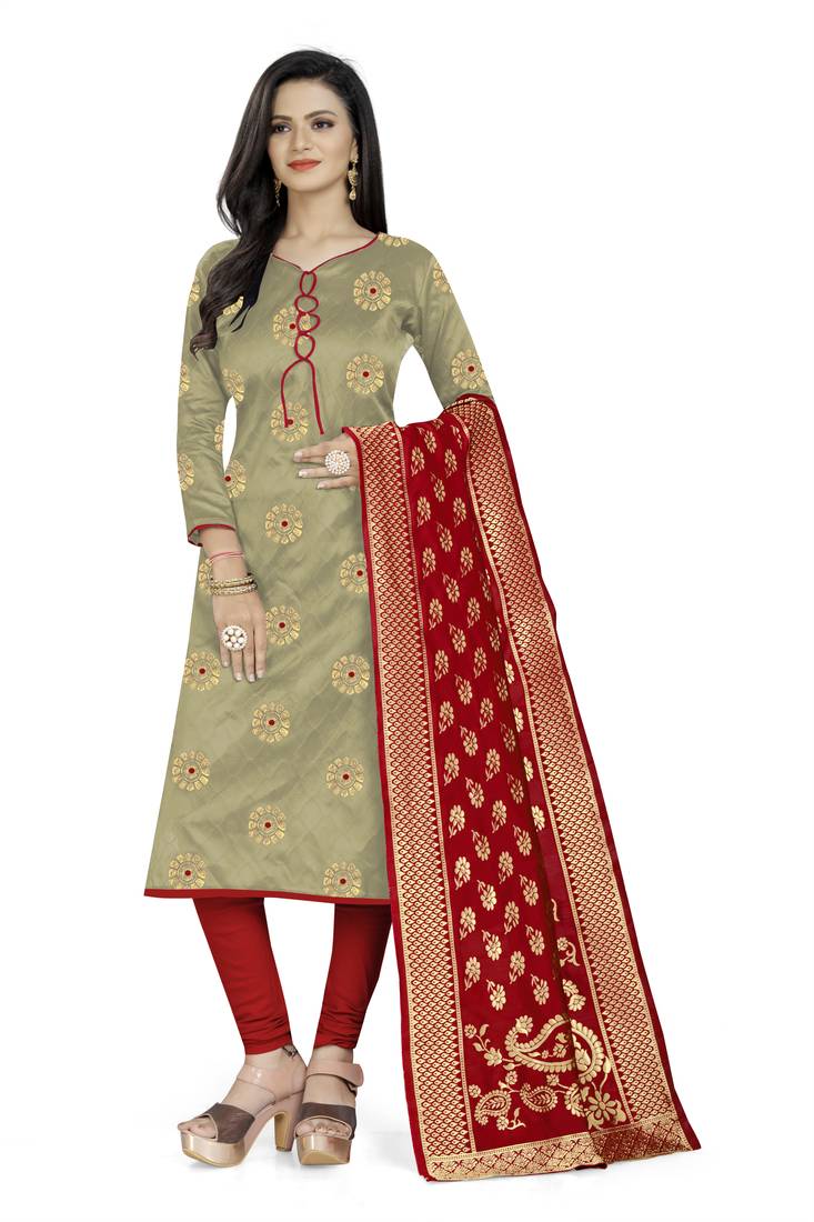  Beige Banarasi silk Unstitched dress material