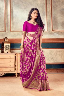 Pink Woven Art Silk Saree With Blouse With Belt 1