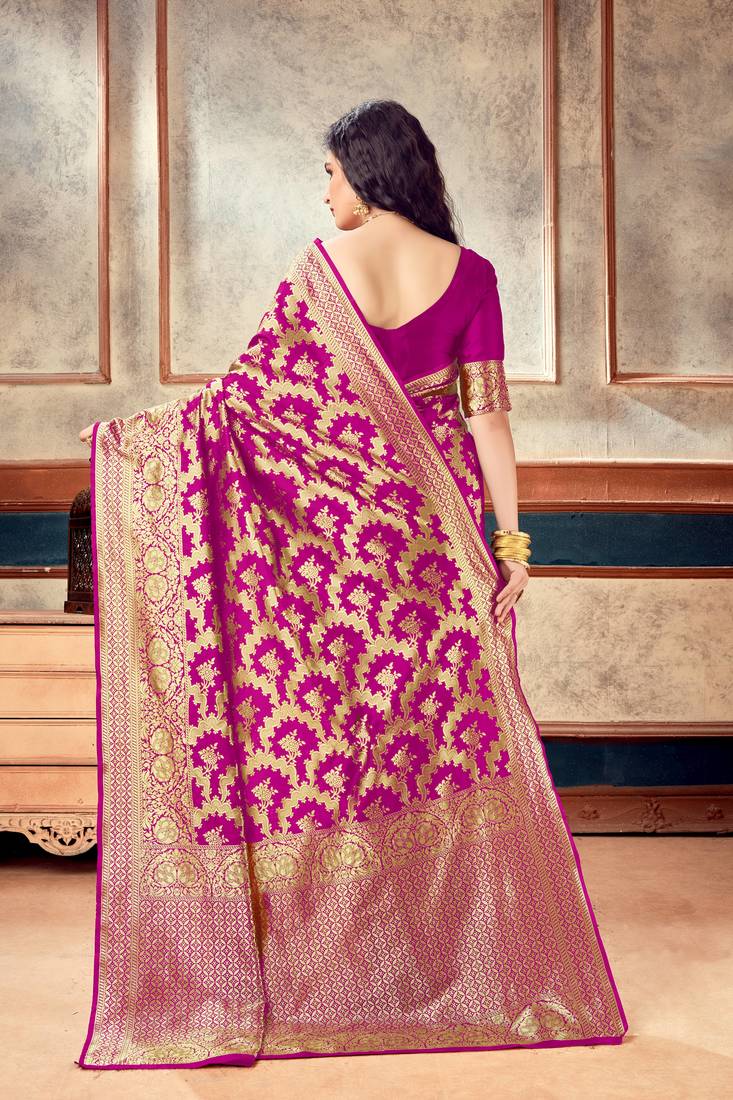 Pink Woven Art Silk Saree With Blouse With Belt