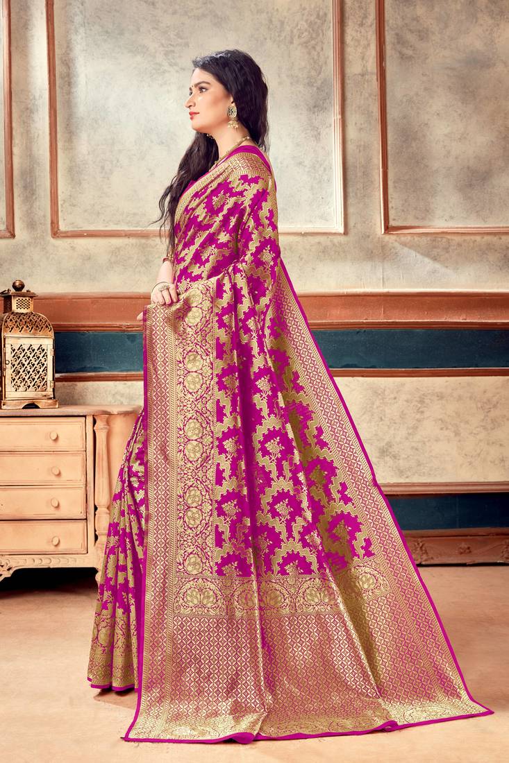 Pink Woven Art Silk Saree With Blouse With Belt
