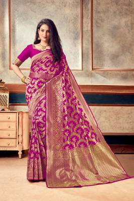 Pink Woven Art Silk Saree With Blouse With Belt 4