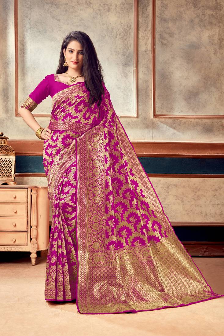 Pink Woven Art Silk Saree With Blouse With Belt