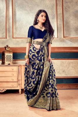 Navy Blue woven art silk saree with blouse with belt 1