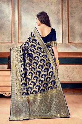 Navy Blue woven art silk saree with blouse with belt 2