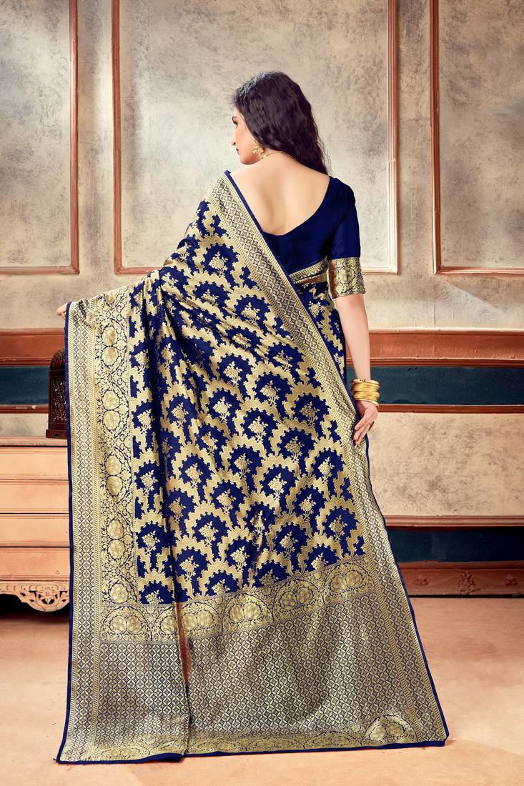 Navy Blue woven art silk saree with blouse with belt