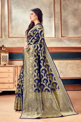 Navy Blue woven art silk saree with blouse with belt 3