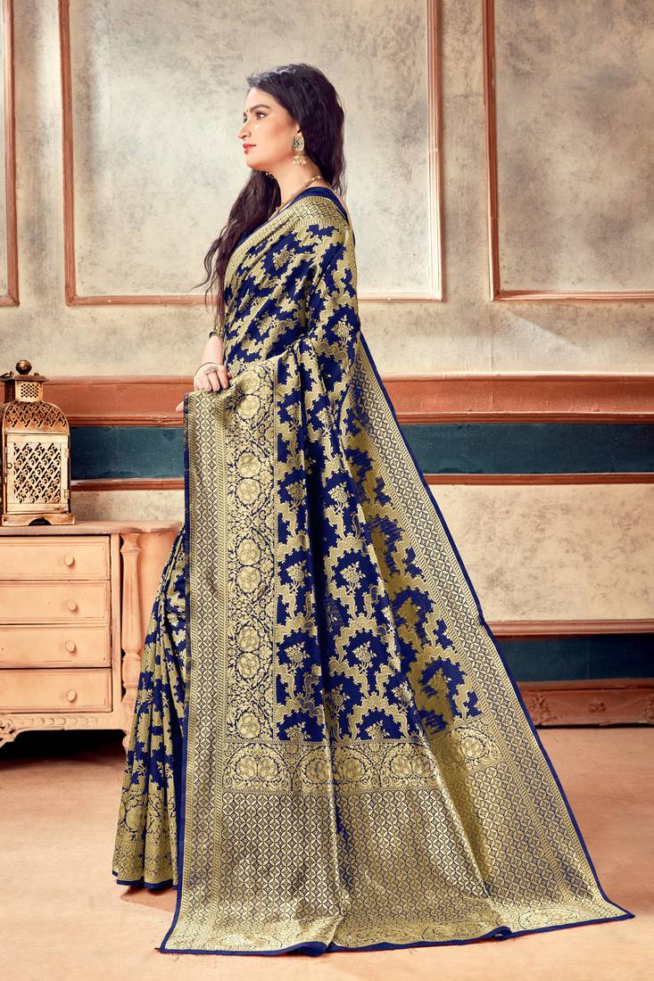 Navy Blue woven art silk saree with blouse with belt