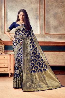 Navy Blue woven art silk saree with blouse with belt 4