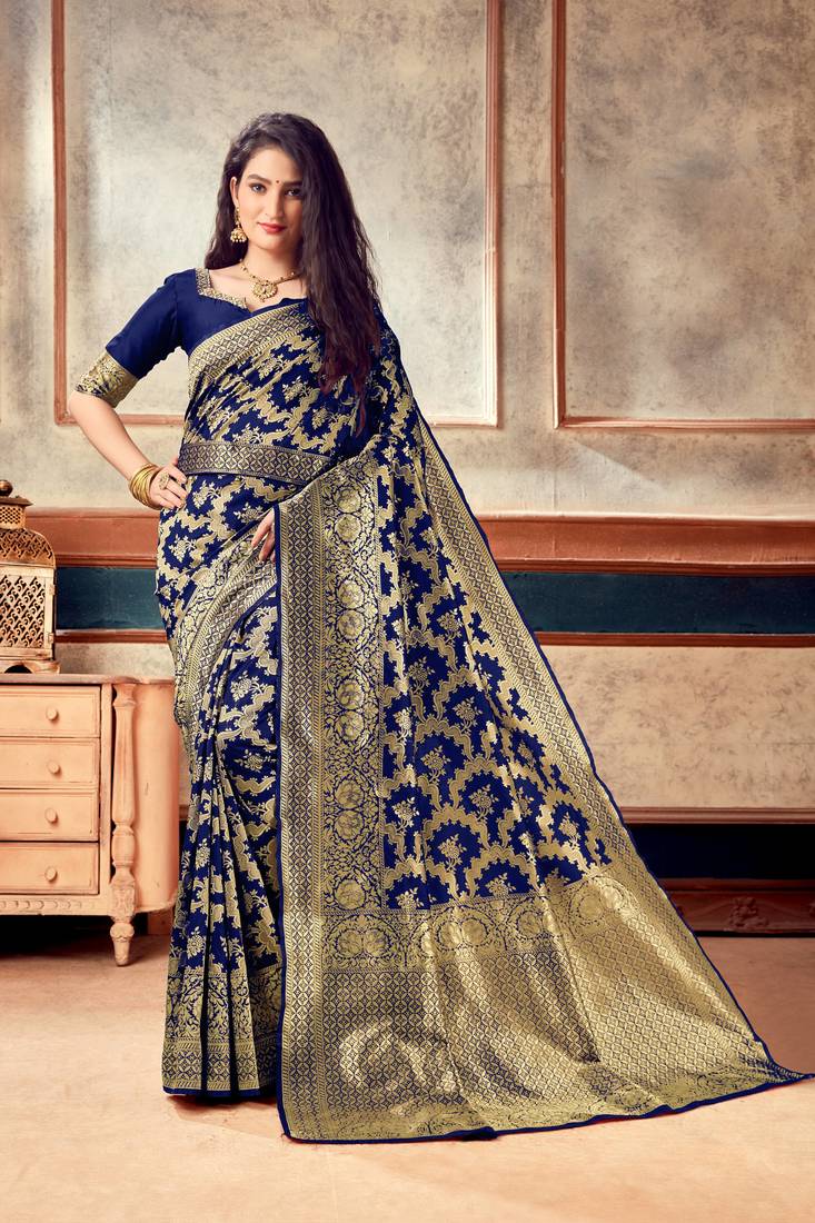 Navy Blue woven art silk saree with blouse with belt