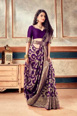 wine woven art silk saree with blouse with belt 1