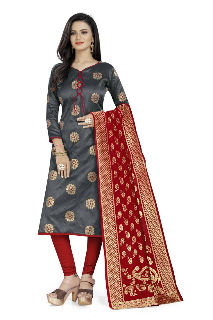 Grey Banarasi silk Unstitched dress material