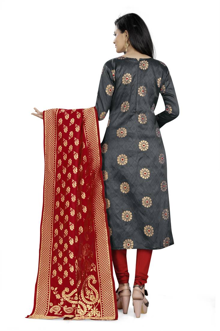  Grey Banarasi silk Unstitched dress material
