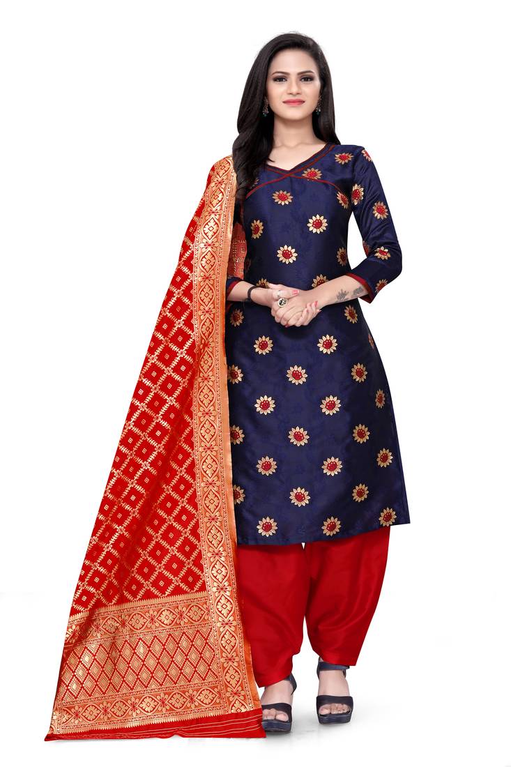  Blue Banarasi silk Unstitched dress material