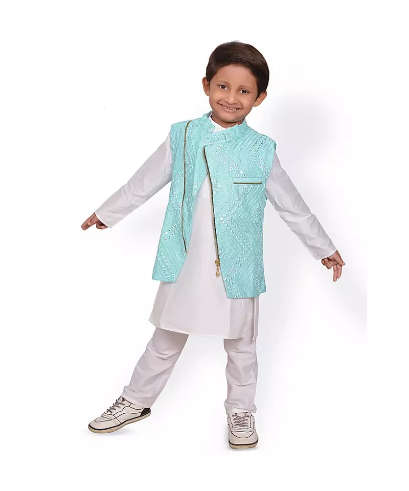 Zipped Embroidered Jacket with Kurta and Pyajama