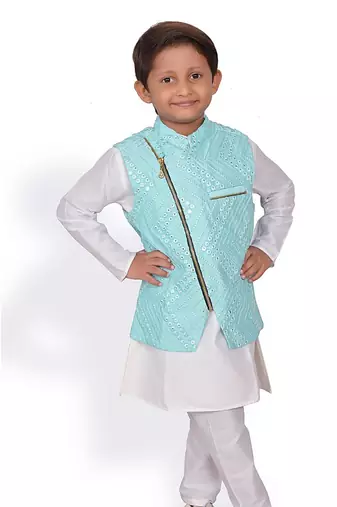 Zipped Embroidered Jacket with Kurta and Pyajama
