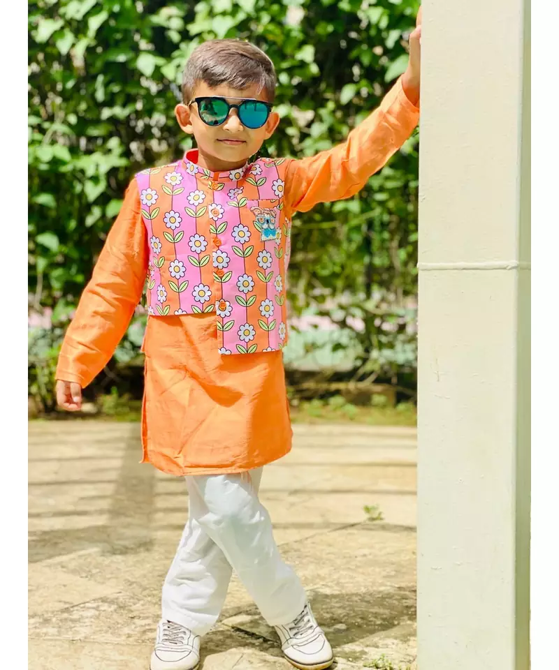Flower Print Jacket with Kurta and Pajama