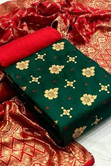  Dark green Banarasi silk Unstitched dress material