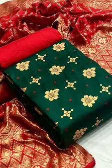  Dark green Banarasi silk Unstitched dress material