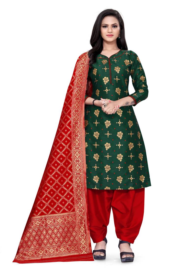  Dark green Banarasi silk Unstitched dress material