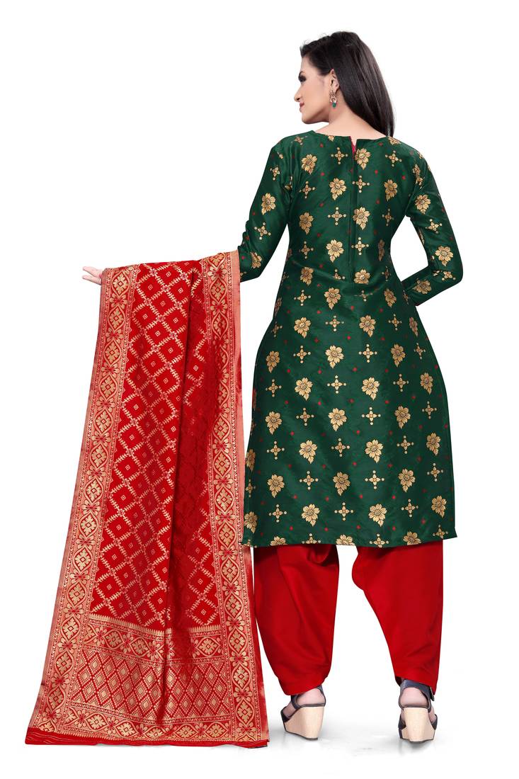  Dark green Banarasi silk Unstitched dress material
