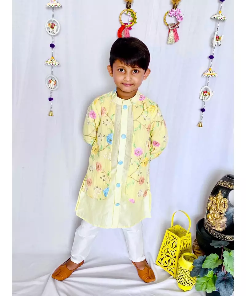 Yellow Embroidered Kurta with Pink Chudidar