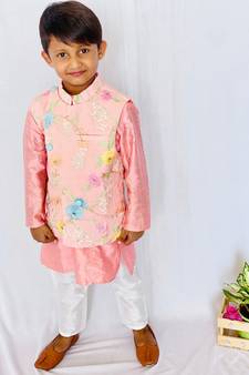 pinkish Pink Embroidered Bandi with Kurta and Pajama