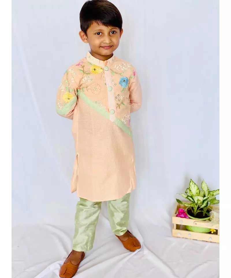 Orange Coloured Kurta with Green Chudidar